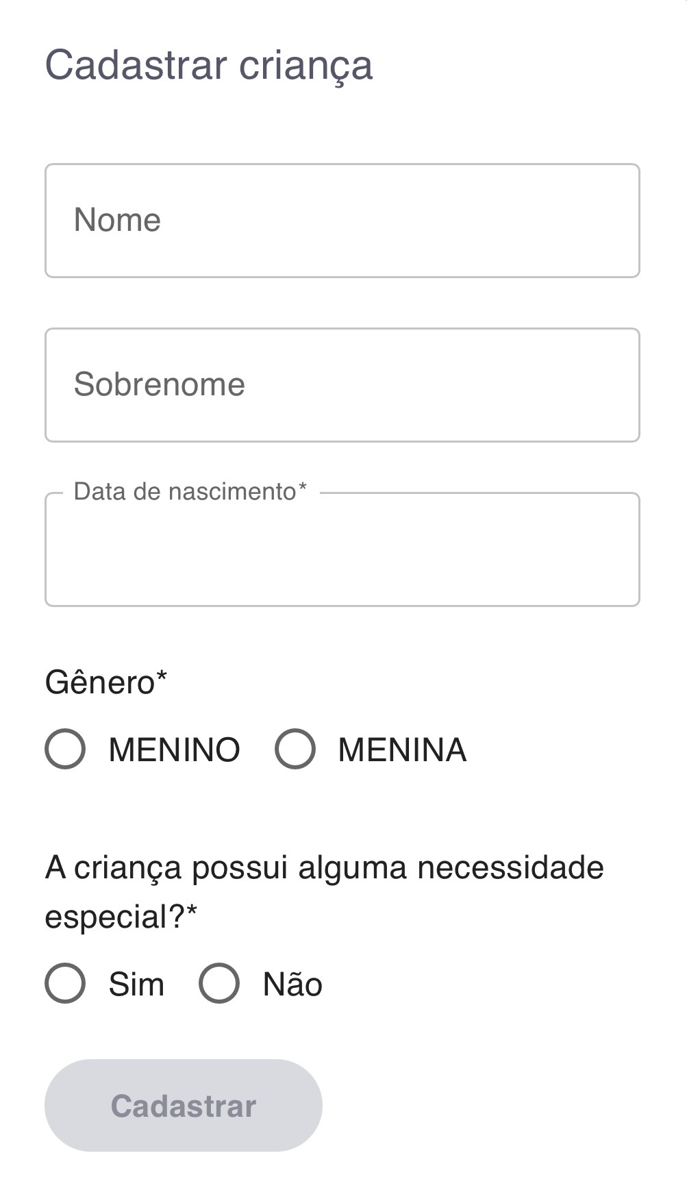 Formulário de cadastro da criança