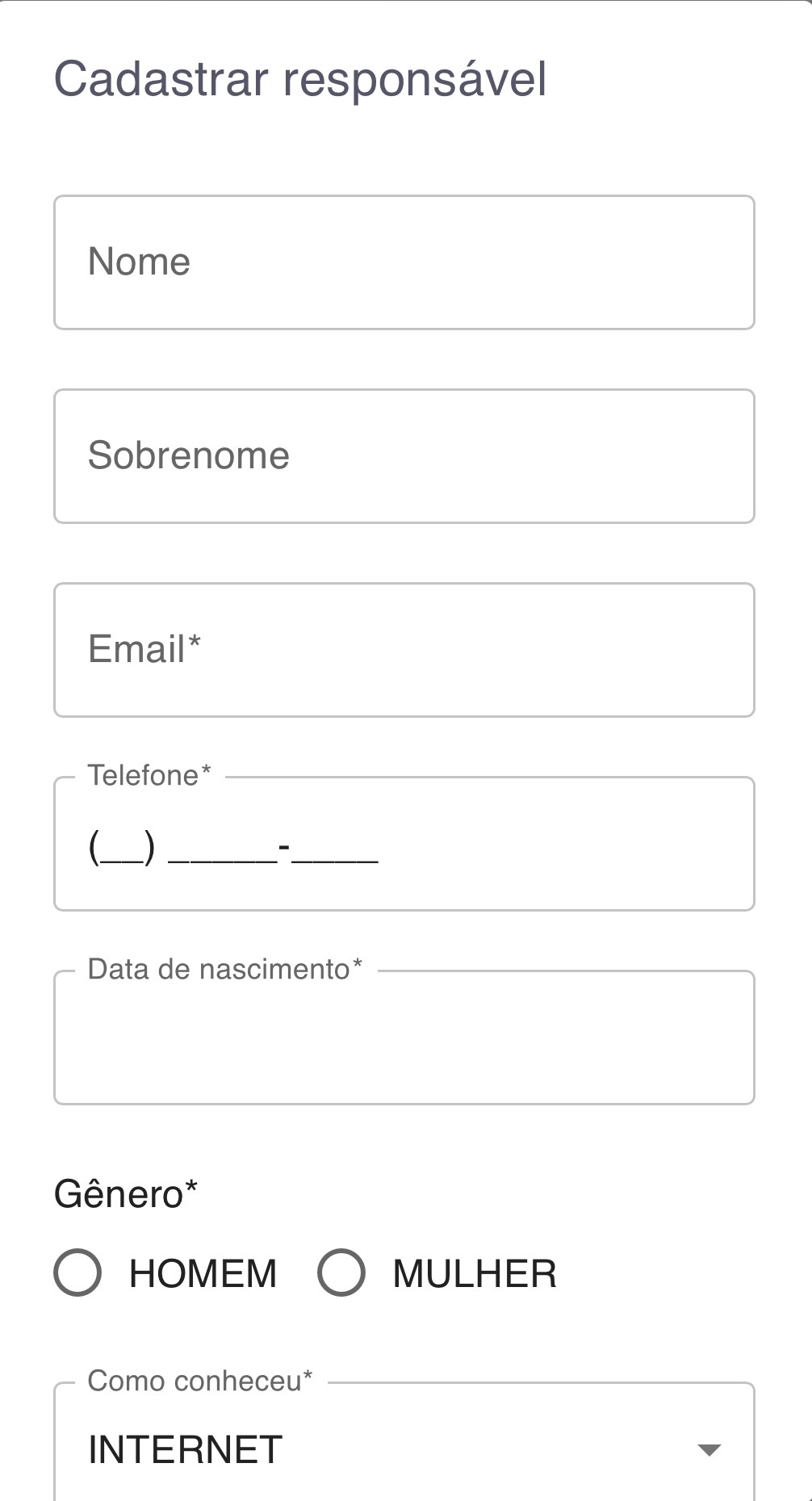 Formulário de cadastro do responsável