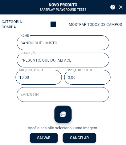 preenchimento dos campos produto